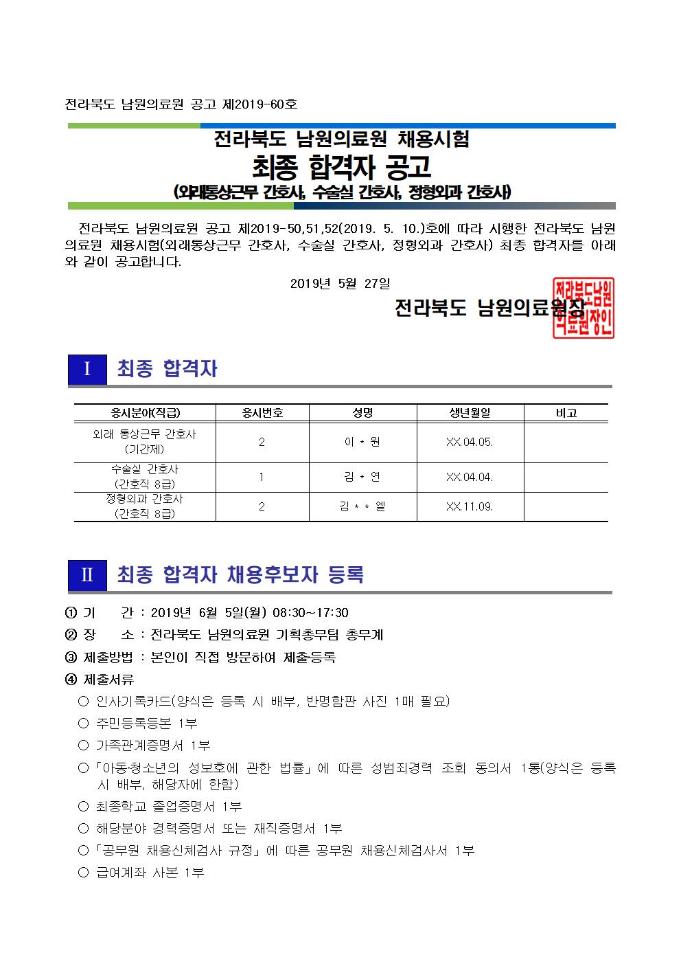 20190524 최종 합격자 공고(외래통상근무간호사, 수술실간호사, 정형외과간호사)001.jpg
